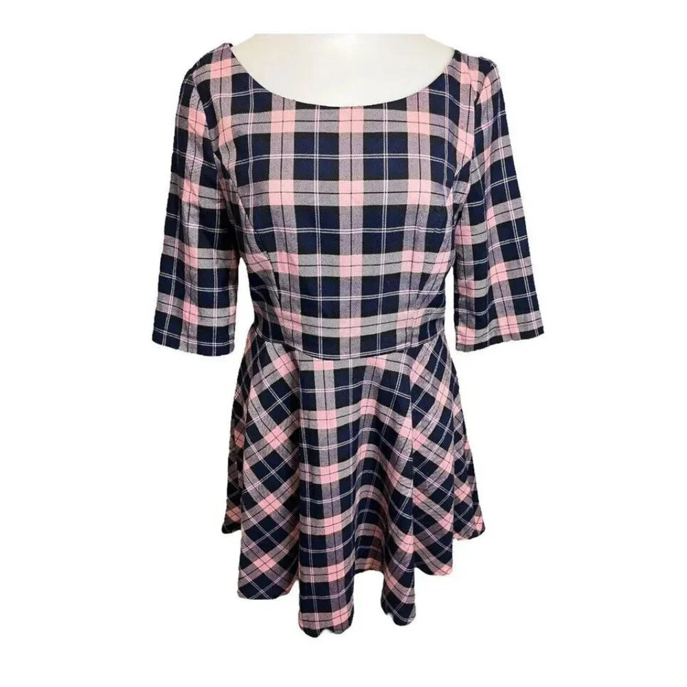 Shareen Pink Tartan Plaid Fit & Flare 3/4 Sleeve Mini Dress Sz 12 - Picture 1 of 5